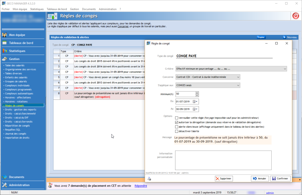 Logiciel gestion des congés du personnel - GECO MANAGER - Règles