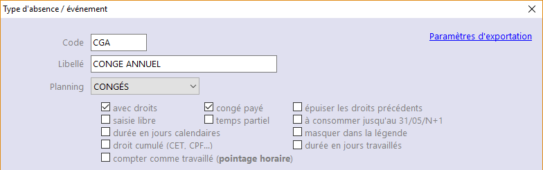 Définition des types d&#8217;absence et d&#8217;événements