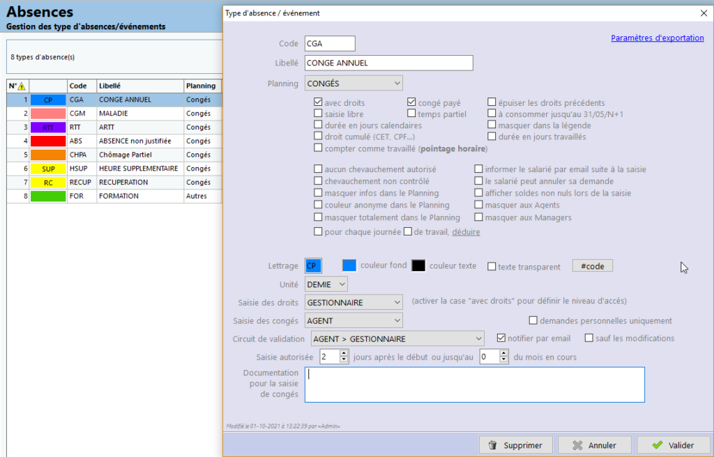 Définition des types d&#8217;absence et d&#8217;événements